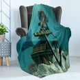 thumbnail image 4 of Mermaid Soft Flannel Fleece Blanket, Mermaid in Ocean Discovering Pirates Treasure Chest Mythical Art Print, Cozy Plush for Indoor and Outdoor Use, 60" x 80", Azure Blue Brown Cream, by Ambesonne, 4 of 5