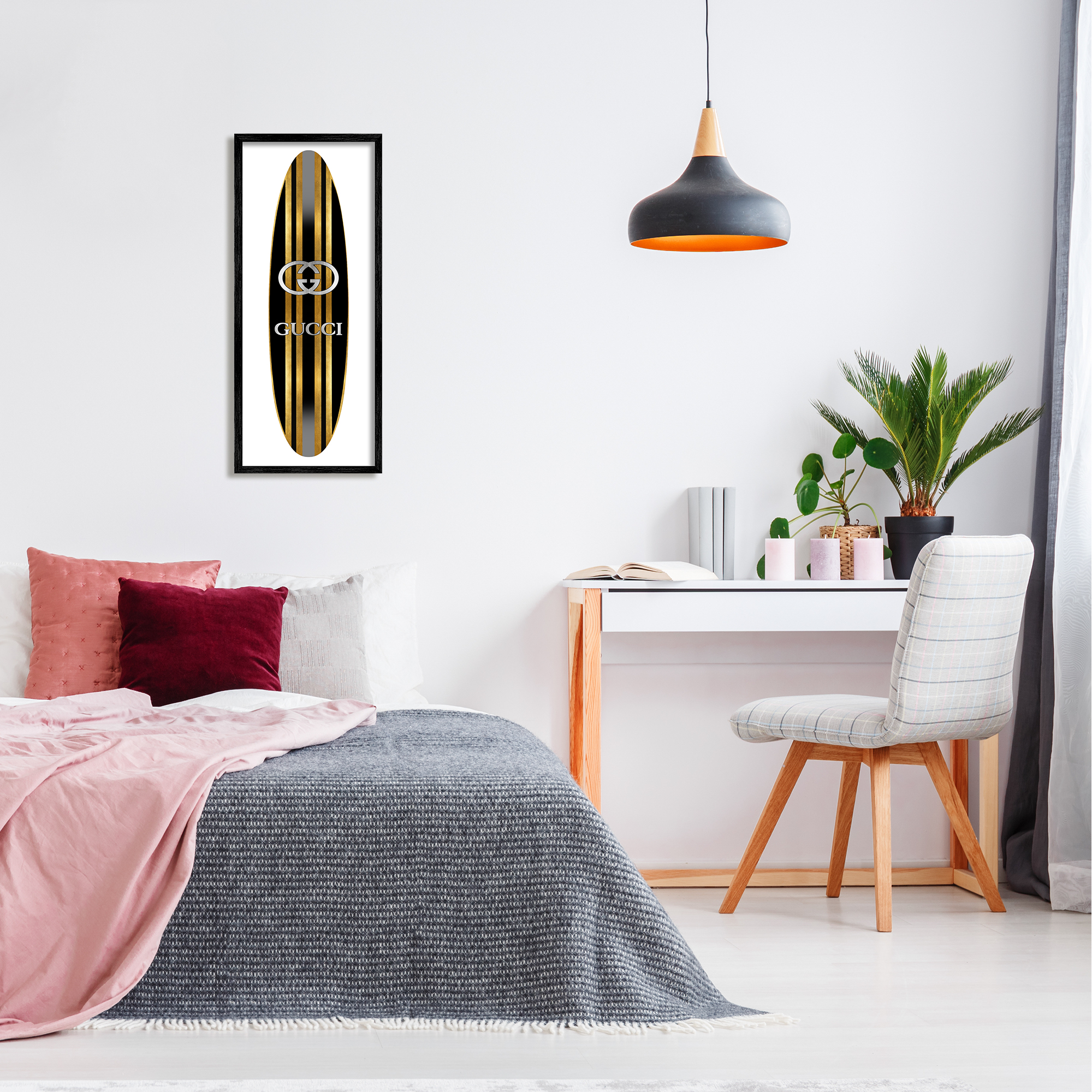 Sleek Black Stripes Glam Designer Fashion Surfboard Beauty & Fashion Graphic Art Framed Art Print Wall Art