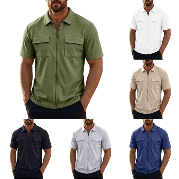 Guluxicc Summer Casual Tops for Men Full Zip Collared Gym Shirts Athletic Tops with Pockets
