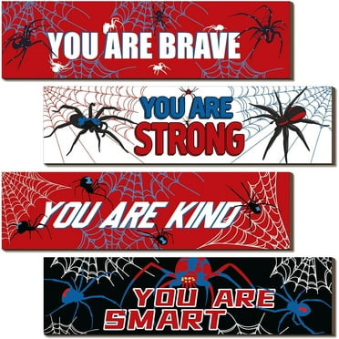 4 Pcs Spider Room Decor for Boys Spider Theme Sign Inspirational Spider Wall Room Decor Wooden Art Prints for Kids Boys Man Home Bedroom Playroom Game Room