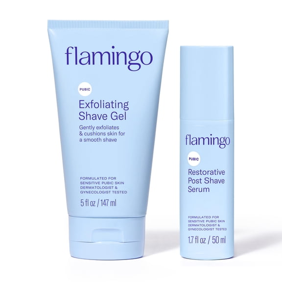 Flamingo Pubic Hair Shaving Skin Care Set Gel de afeitar exfoliante para mujeres 5 fl oz con suero restaurador post afeitado 1.7 fl oz