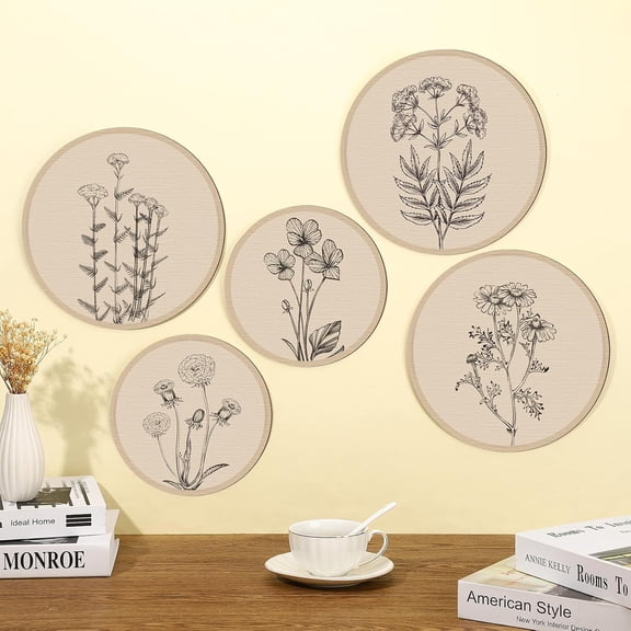 5 Pcs Boho Wall Art Decor Wooden Living Room Wall Decor Bohemian Wall Hanging Decor Farmhouse Geometric Hanging Decor 10'' and 8'' Aesthetic Wood Minimalist Wall Art for Apartment Bedroom (Floral)