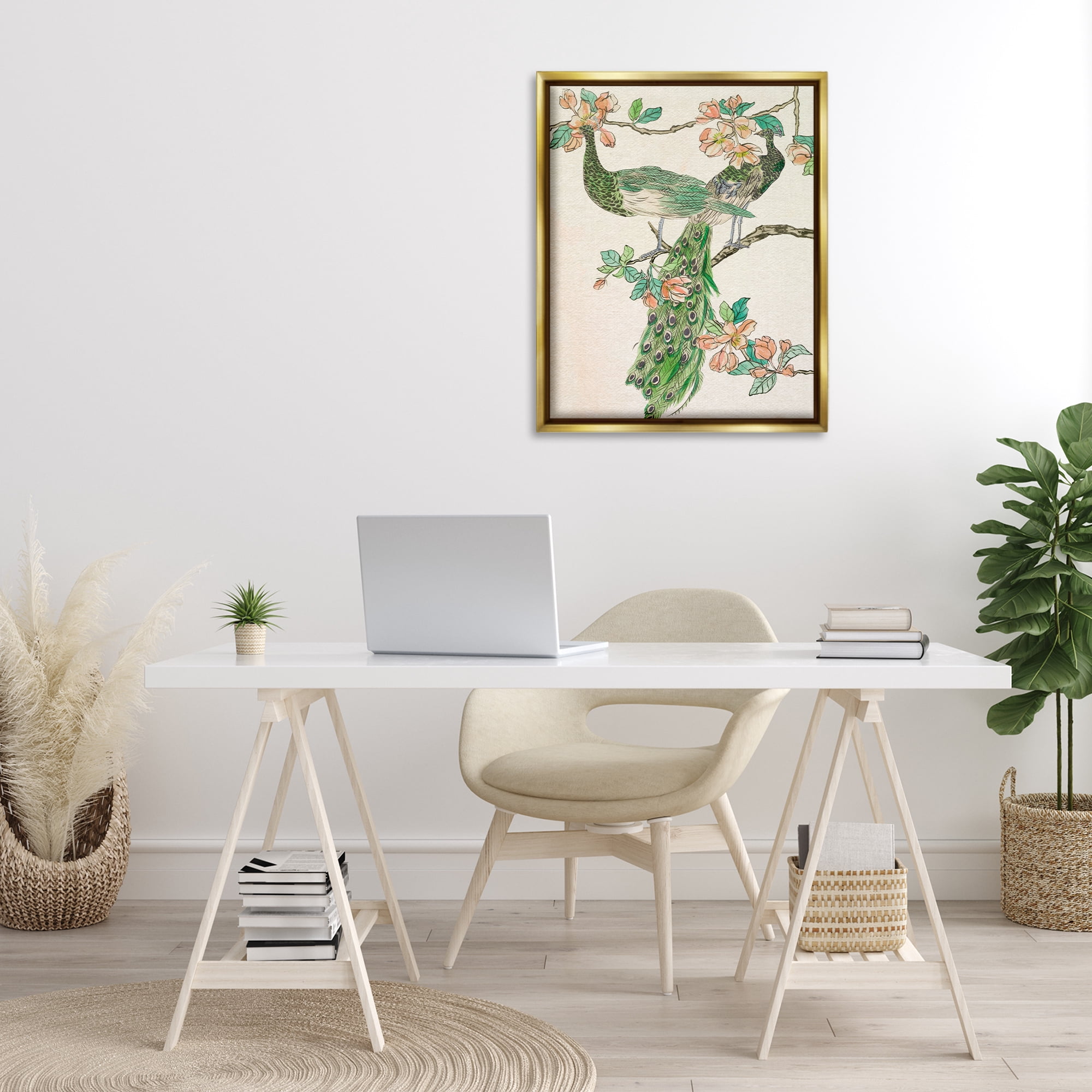 Stupell Industries Peacock & Cherry Blossoms Animals & Insects Painting Gold Floater Framed Canvas Art Print Wall Art, 25 x 31