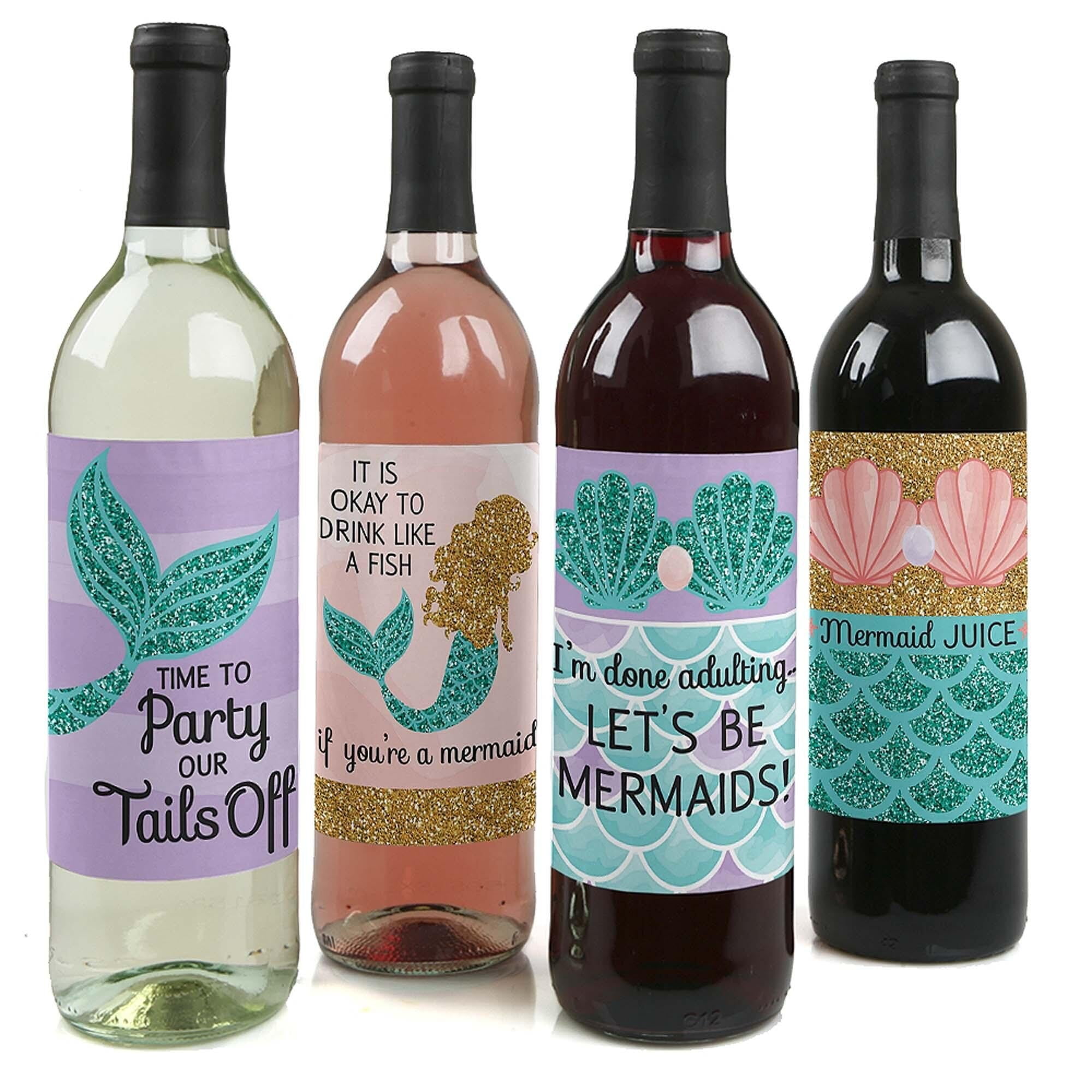 Let's Be Mermaids - Baby Shower or Birthday Party Decorations for Women and Men - Wine Bottle Label Stickers - Set of 4