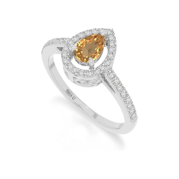 925 Sterling Silver Pear 1 Ctw Citrine Gemstone Halo Women Engagement Ring, Wedding, Anniversary Bridal Rings, Gift For Her_7.5