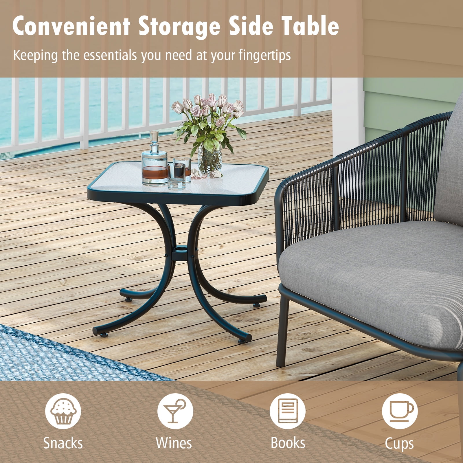 BLACK JAGUAR Tempered Glass Top Patio Table, 20" Outdoor Side Table w/ Heavy-duty Metal Frame Patio Square End Table