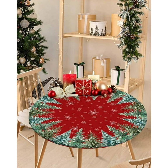 Christmas Round Fitted Tablecloth with Elastic Edge,Green Xmas Tree Waterproof Table Cover Snow Table Cloth,Winter Snowflakes Red Circle Table Covers for Dining Room Home Decor 36-44 Inch