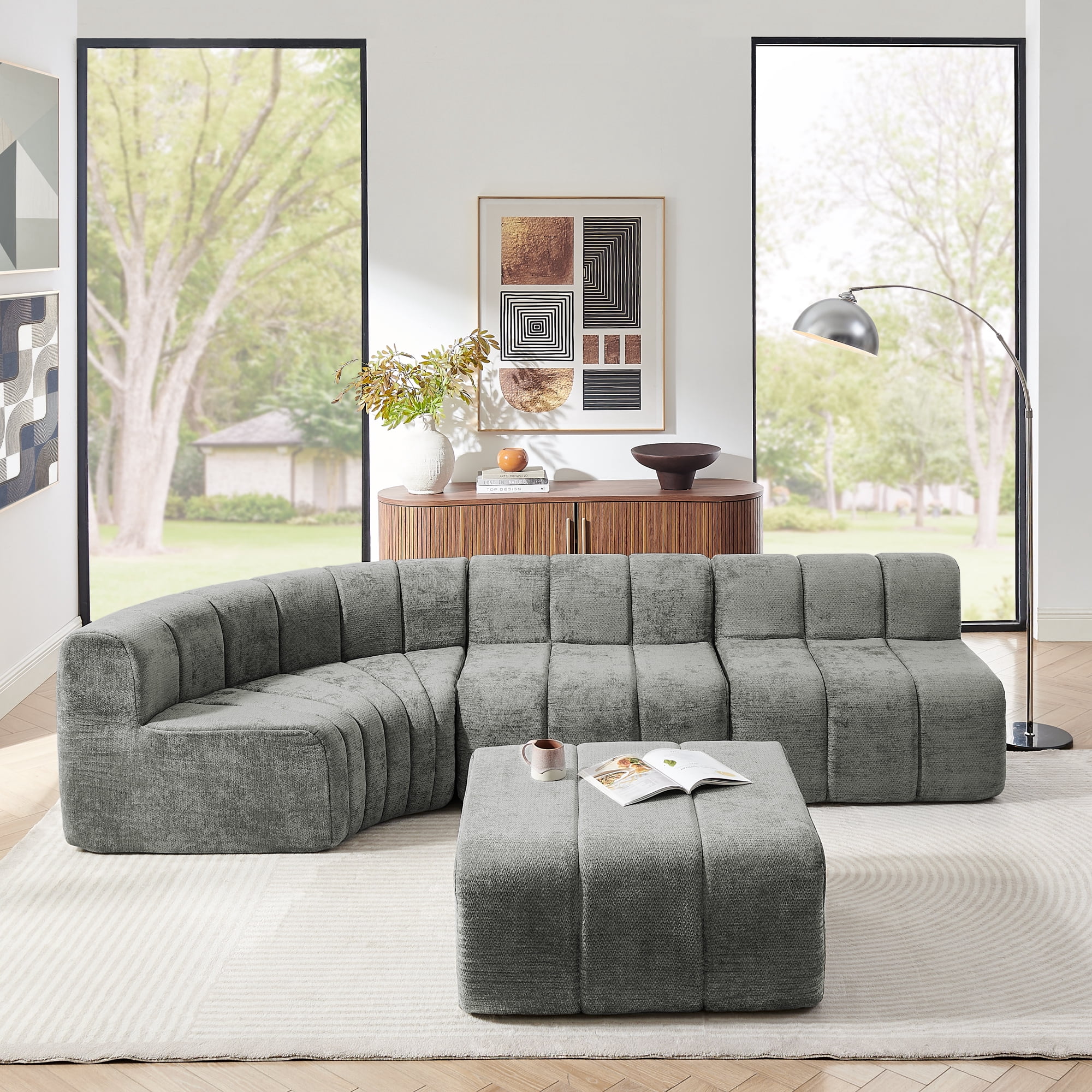 116"W Modern Semi-Curved Modular Sectional Sofa with Movable Ottoman,Vertical Stitched Chenille Cloud Sofa Couch for Living Room,No Assembly Required,Dark Gray