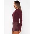 thumbnail image 5 of Women's Patchwork Bodycon Sleeve Ruched Bodycon Work Mini Dress Wine Red L, 5 of 10