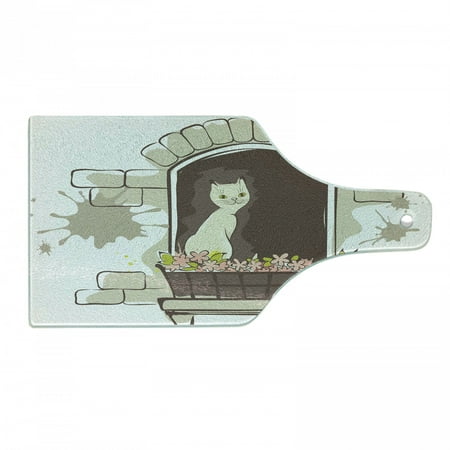 

Landscape Cutting Board Cartoon Animal Cat Pet Smile Positive Morning Apartment Window Art Tempered Glass Cutting and Serving Board Wine Bottle Shape Umber Black and White by Ambesonne