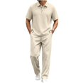 thumbnail image 2 of Cagogo Men's Plus Size 2 Piece Outfits Collared Short Sleeve Shirt Wide Leg Pants Casual Sets Solid Lounge Matching Suits Travel Vacation, Khaki XL, 2 of 5