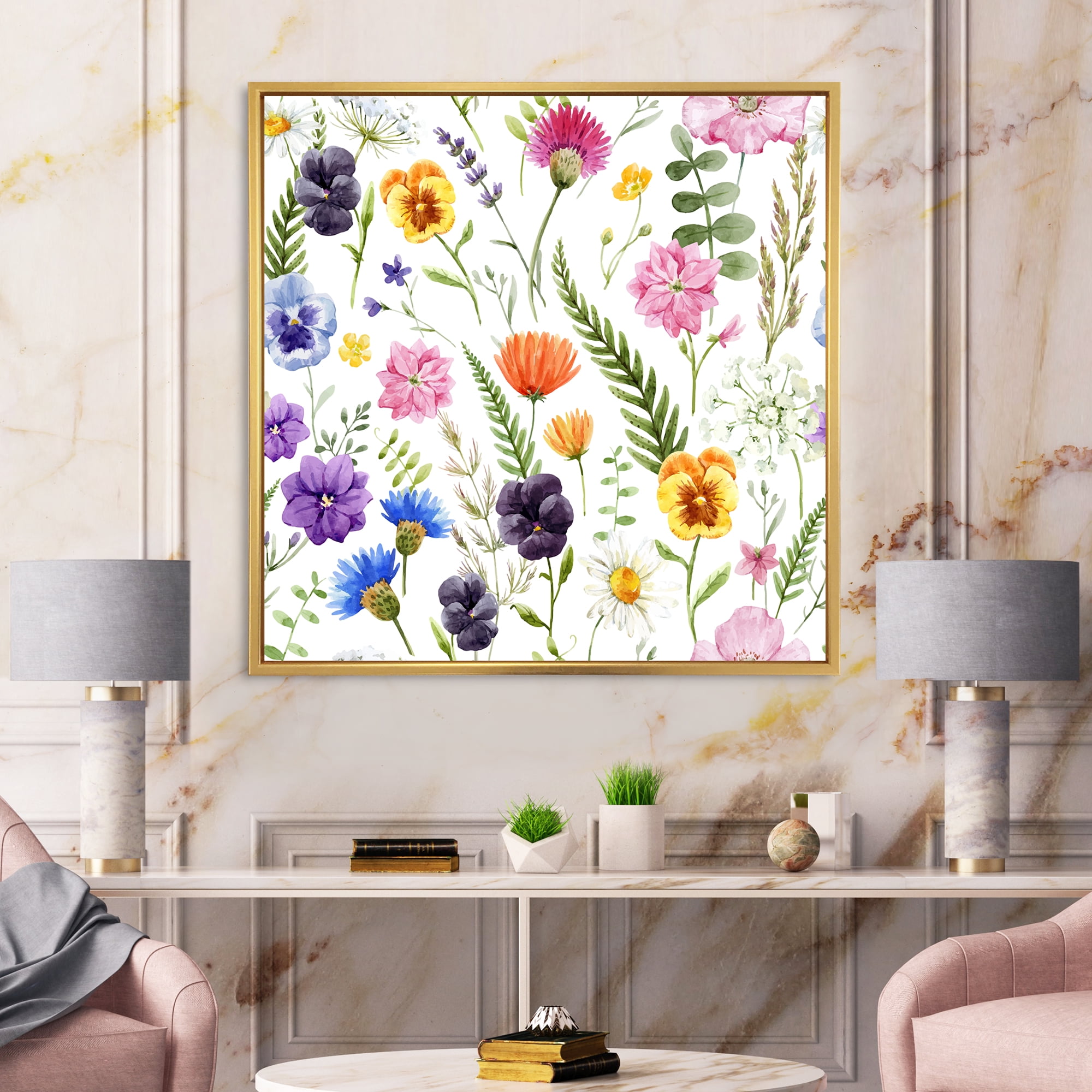 Designart 'Coloful Wildflowers Floral Pattern I' Traditional Framed Canvas Wall Art Print