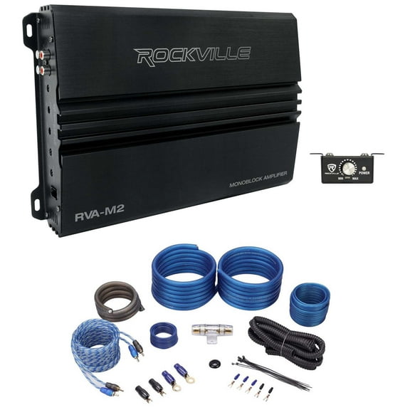 Rockville RVA-M2 2500w Mono 1 Ohm Car Amplifier Bass Remote Amp Wire Kit