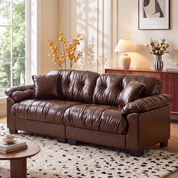 VEPXXP 90.5" Brown Faux Leather Couch, Mid Century Modern Loveseat for Living Room, Oversized Love Seat with Removable Armrests & Pillows, Tufted Couch with Deep Seat