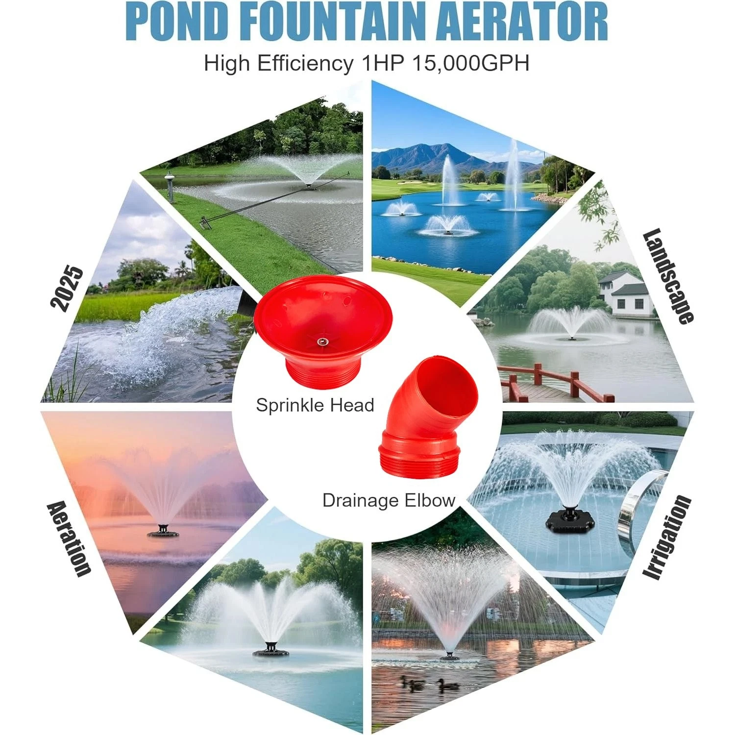 FOUR E's Scientific Pond Fountain Aerator, 1HP 15000GPH Floating Fountain Pump with 100ft Power Cord for Outdoor Ponds, 110V 750W