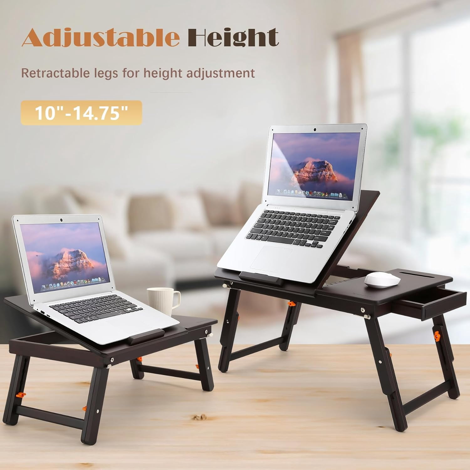 Bamboo Laptop Desk for Bed with Adjustable Fan, Drawer & Phone Slot - 7 Angles 4 Heights Foldable Lap Table
