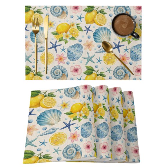 Coastal Placemats Set of 8 Summer Lemon Flower Shell Starfish Rustic Place Mats Indoor Wipeable Table Mats Washable Cloth Dining Table Placemats for Kitchen Holiday Party Home Decor 13x19 Inch