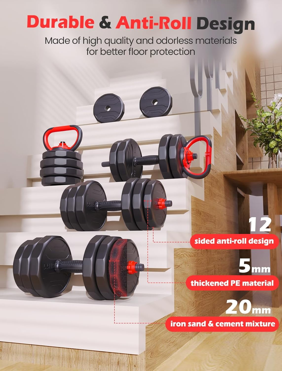 90lbs Free Weight Set with Connector, 5 in1 Dumbbells Set Used as Barbell, Kettlebells, Push up Stand, Fitness Exercises for Home Gym Suitable Men/Women