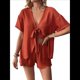 thumbnail image 2 of Conjunto de Dos Piezas para Mujer: Camiseta y Pantalones Cortos con Escote en V, Corta, Lazo y Abertura. Conjunto de Dos Piezas para Estar en Casa. Color Naranja L, 2 of 10