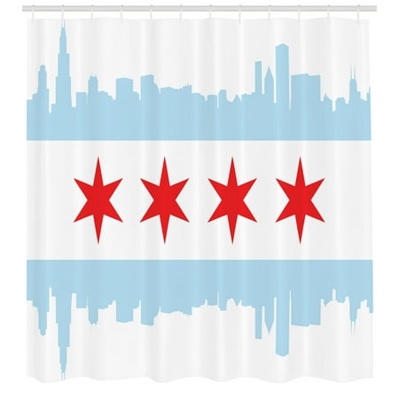Rise Against Flag - Chicago Skyline Shower Curtain, City of Chicago Flag with High Rise Buildings Scenery National, Fabric Bathroom Set with Hooks, 69W X 75L Inches Long, Red White Baby Blue, by Ambesonne