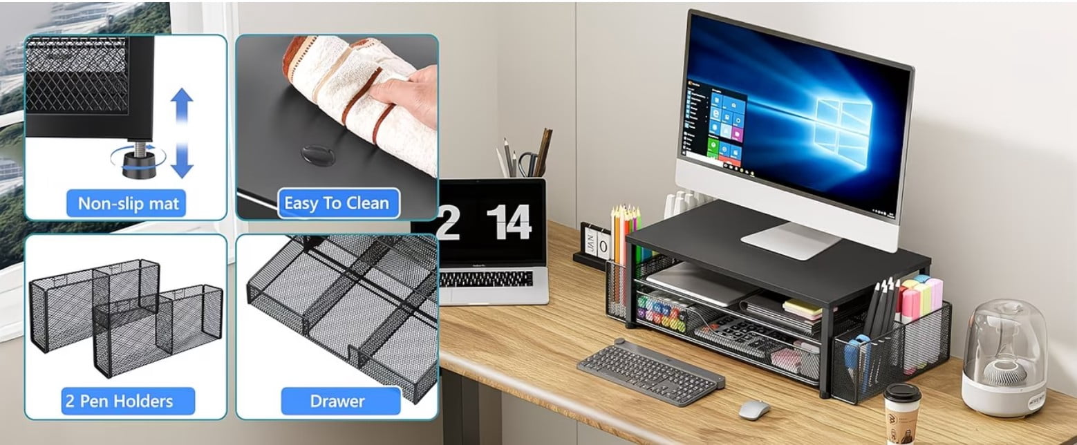 BoldDeco Monitor Stand Riser 2-Tier Metal Desk Organizer with Drawer Pen Holders for Computer Monitor Laptop Black