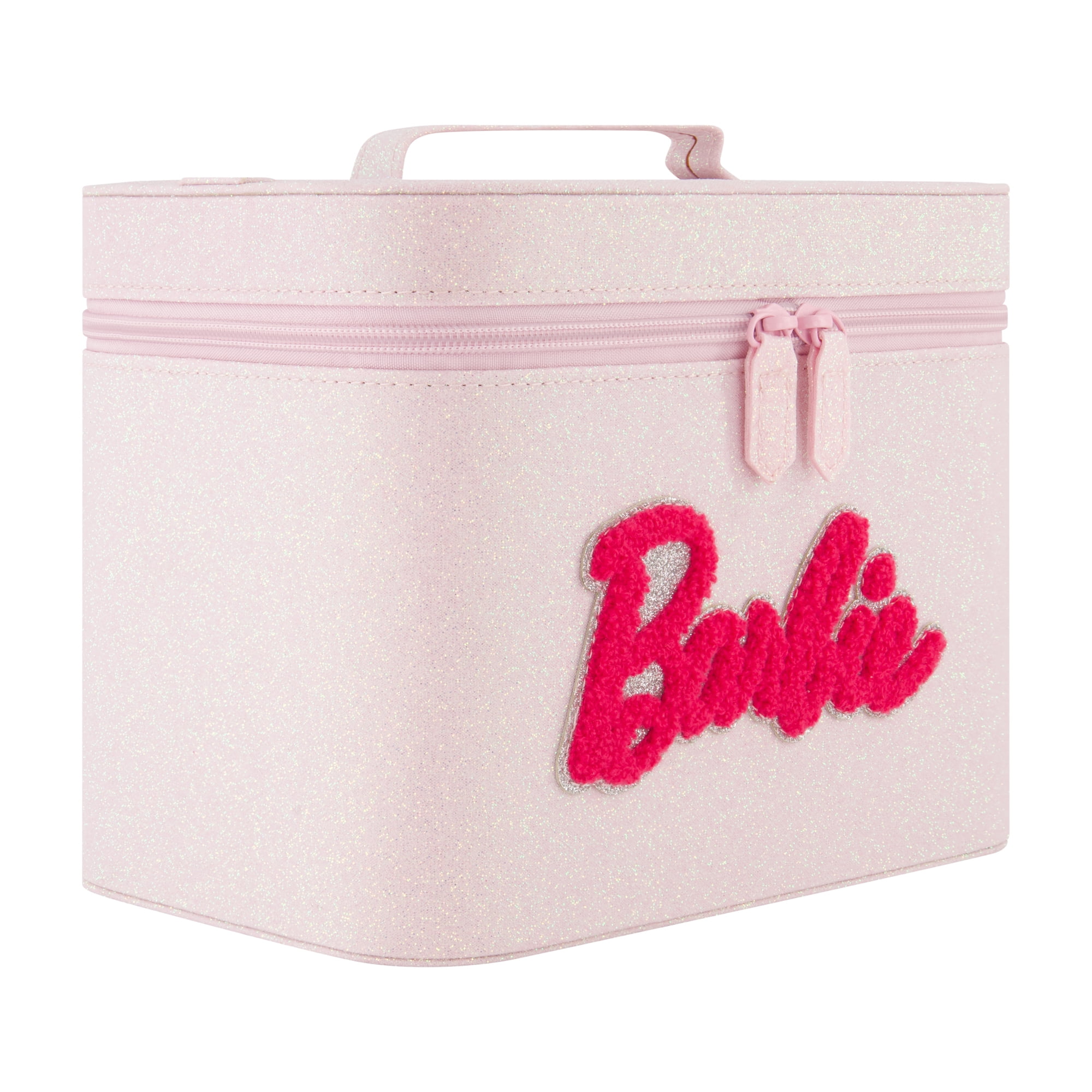 Barbie Travel Makeup Bag, Trapezoid Cosmetic Organizer Pouch for Women, Pink Glitter