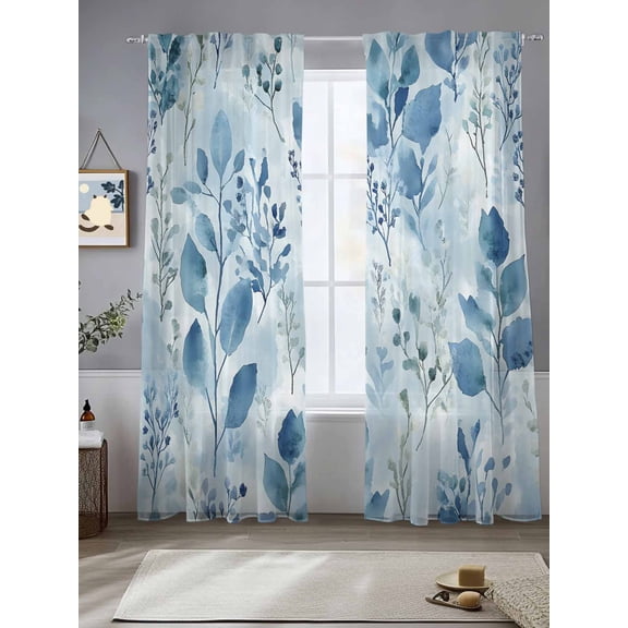 Blue Botanical Sheer Curtains for Living Room Bedroom Retro Impressionist Style Watercolor Sheer Curtains 108 Inch Long 2 Panels Set Light Filtering Curtain Window Treatments Drapes for Dining Room