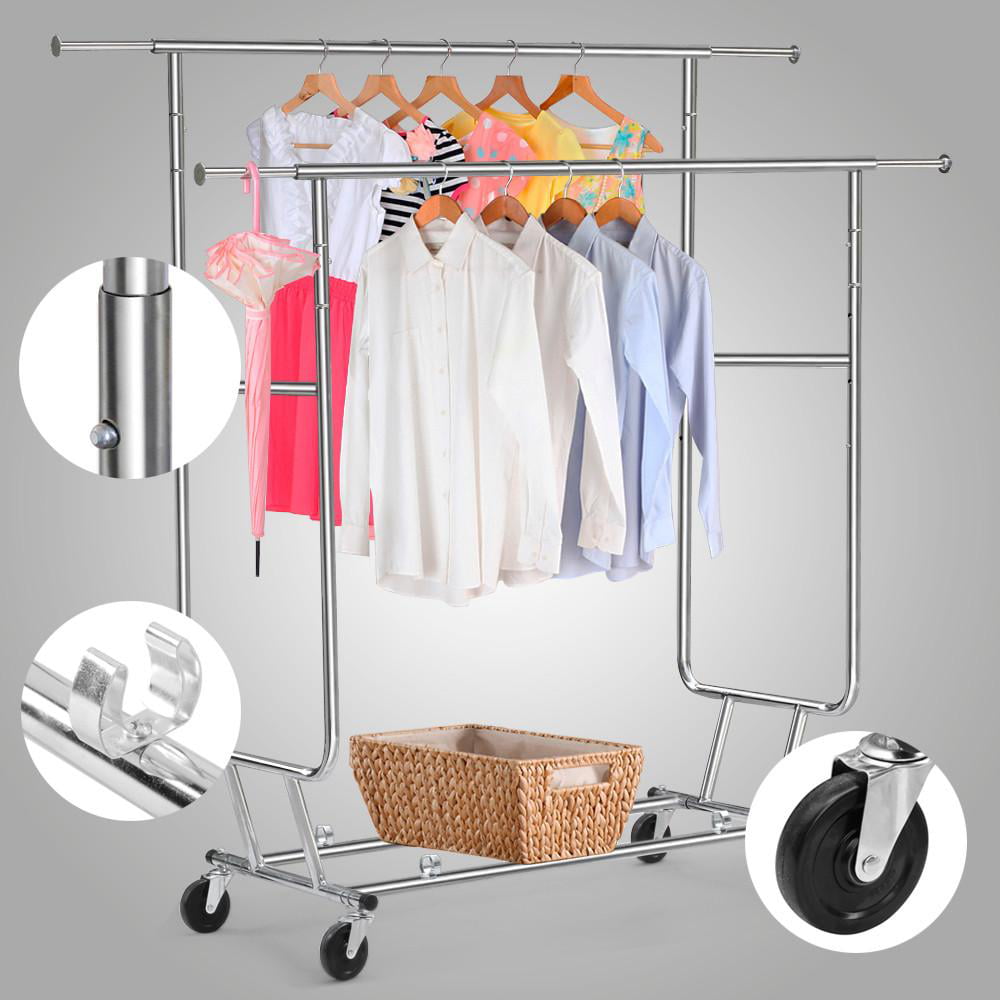 Yaheetech Double Adjustable Garment Rack Coat Clothes Hanging Rail Shoe Cloth Stand with Wheels Heavy Duty 