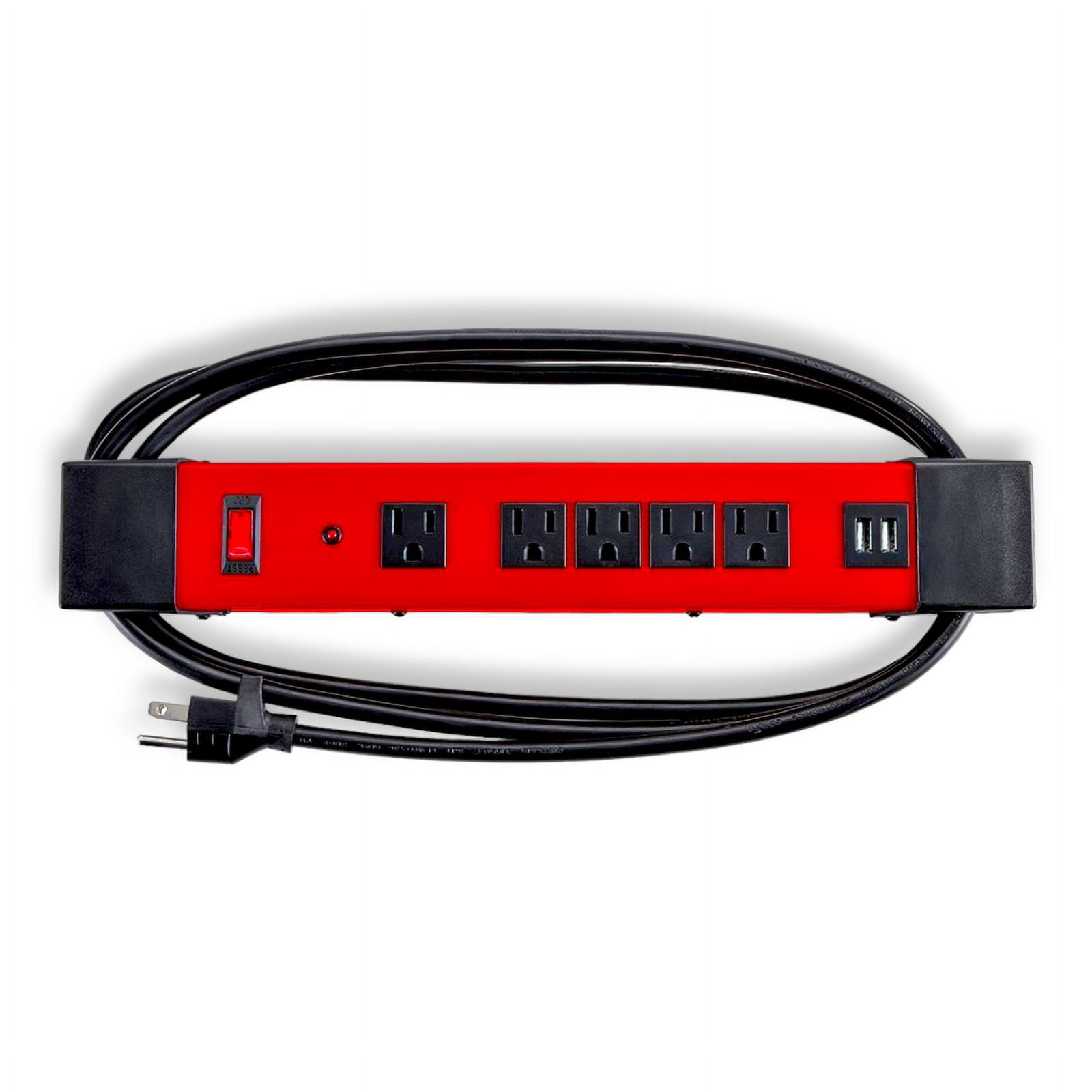 Magnetic Power Strip 5 Outlet Heavy Duty Metal Housing with 2 USB Ports U.S. General_Red