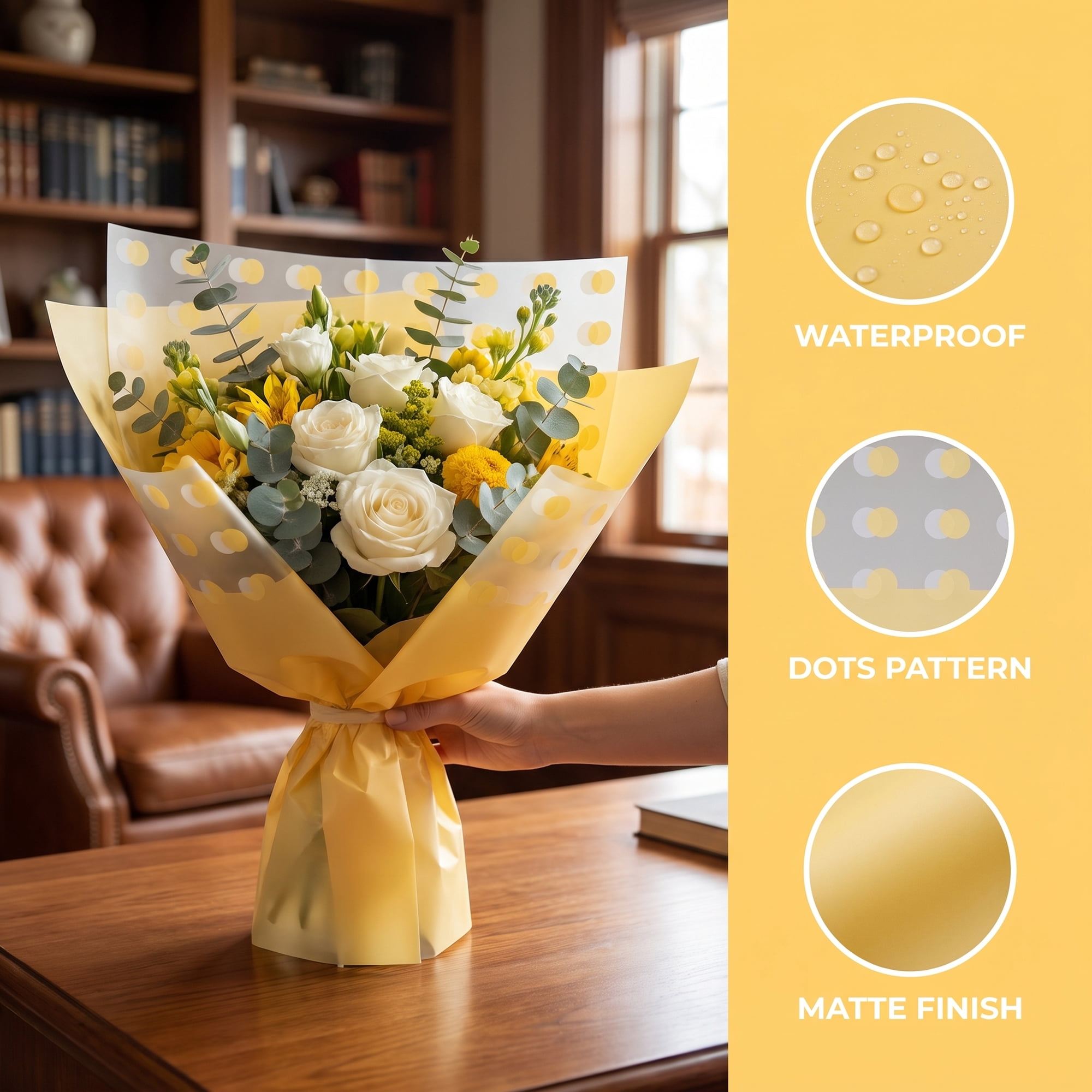 Unique Bargains Polka Dot Waterproof Flower Wrapping Paper Sheets Yellow 22.4"x 22.4"
