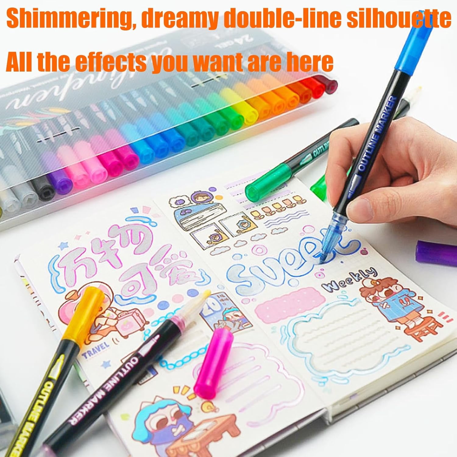 Quick-Dry ＆ Waterproof Dual-Line Contour Pen, 2026 New Dual Line Contour Pen,Double Line Outline Pen Sparkle Markers For Drawing, Diy Crafts