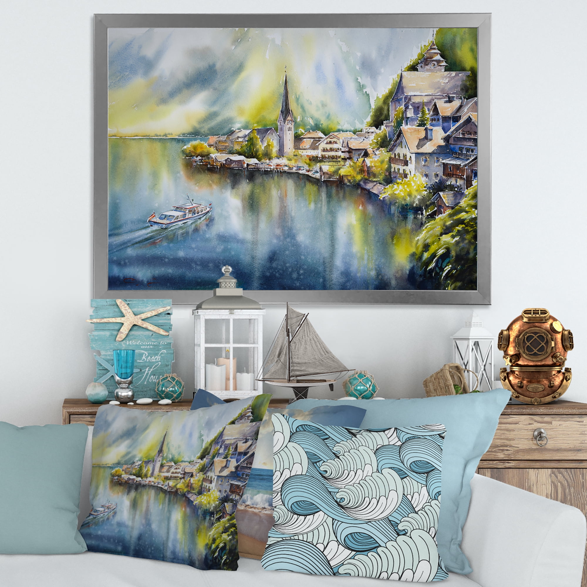 Designart 'The River In Austria Through Mountain Village' Nautical & Coastal Framed Art Print
