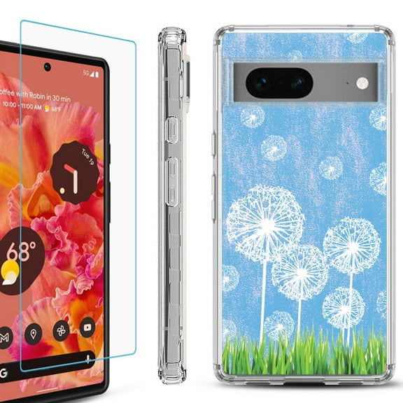 OneToughShield ® for Google Pixel 7a Shockproof Bumper Phone Case, with Tempered Glass Screen Protector - Dandelion Sky