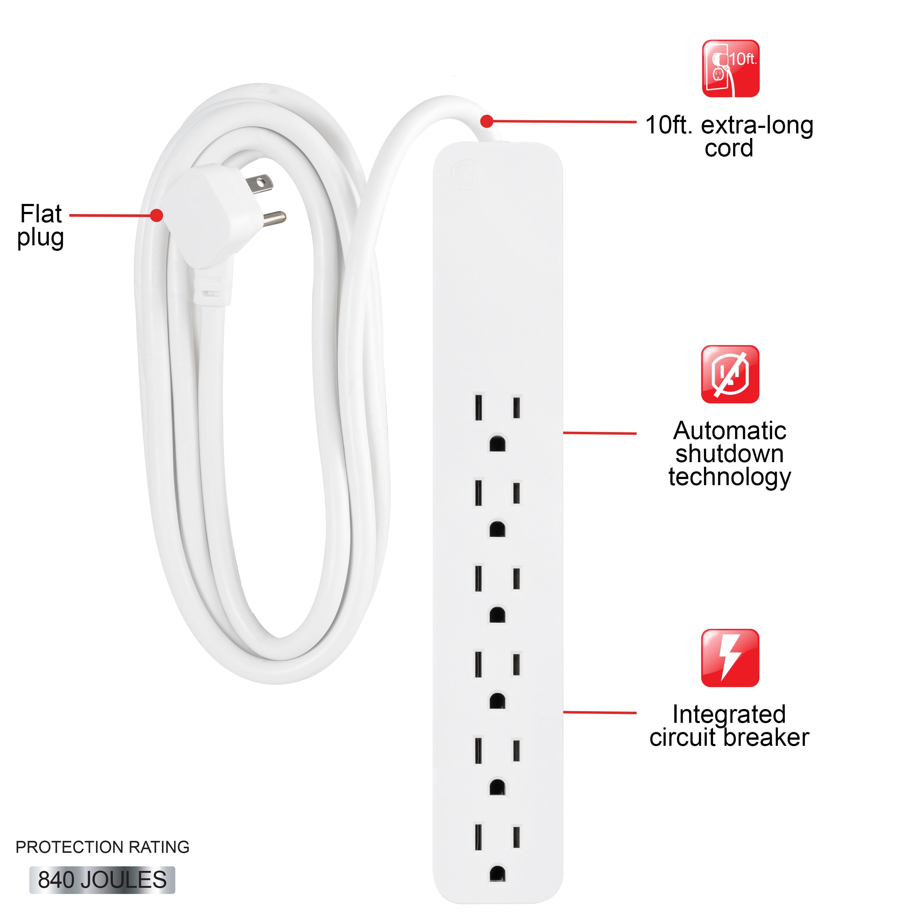 GE 6-Grounded Outlet Surge Protector, 840J, 10ft., White – 62932