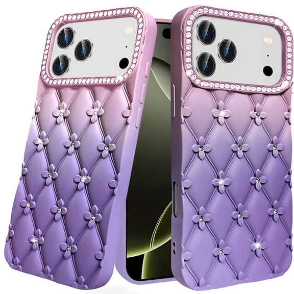 For iPhone 17 Pro Max Floral Joy Glitter Shimmer Leather Feel Thick TPU Case - Light Pink/Light Purple
