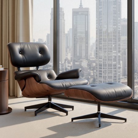 Hawsaiy Mid-Century Lounge Chair and Ottoman Set, Genuine Leather Recliner with Wood Frame, Eames Style Chair for Living Room, Bedroom, Office