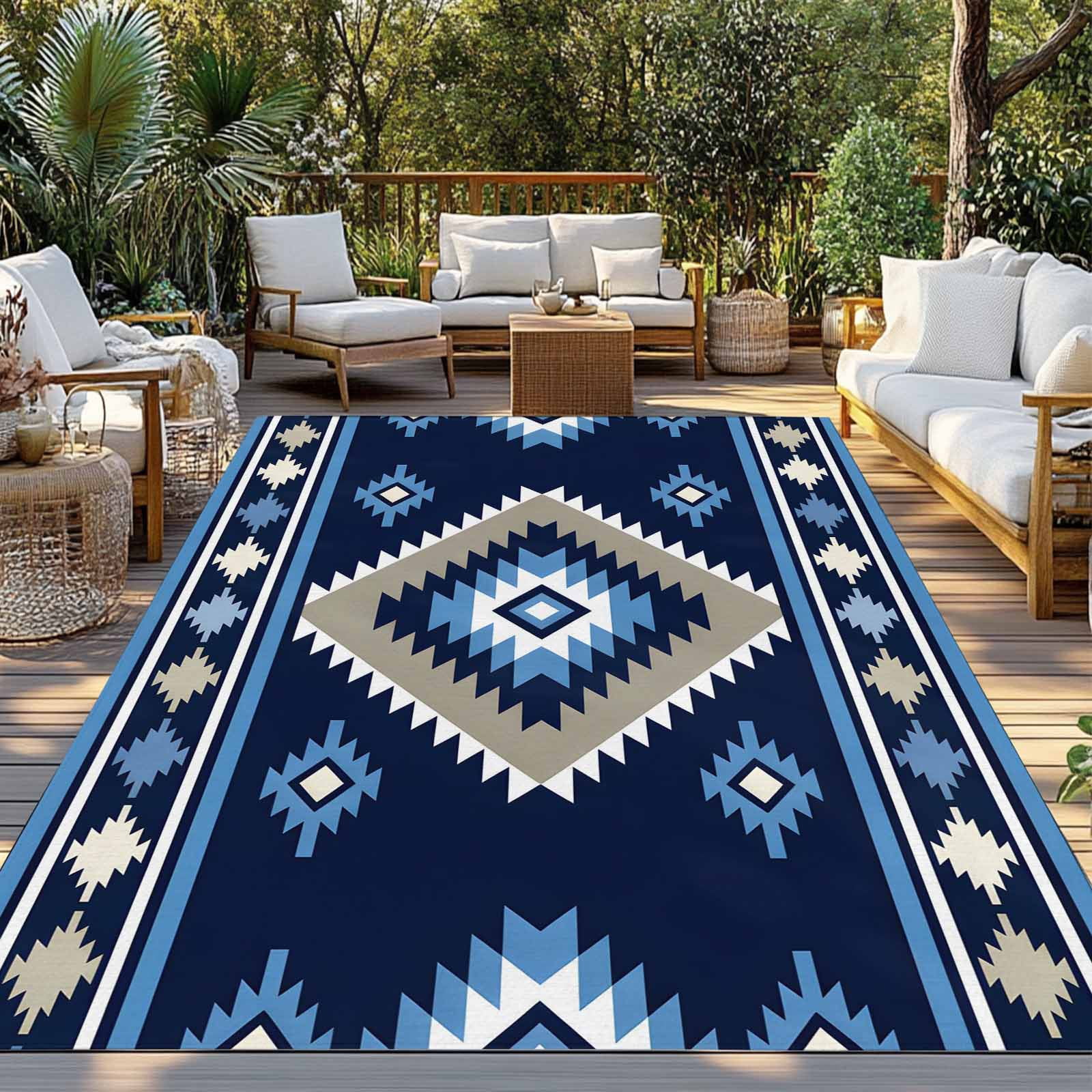 Fsddascl Blue Boho Outdoor Rug for Patio/Deck/Porch, Non-Slip Large Area Rug 4 x 6 Ft, Farmhouse Neutral Abstract Geometric Motifs Indoor Outdoor Rugs Washable Area Rugs, Camping Rug Carpet Runner