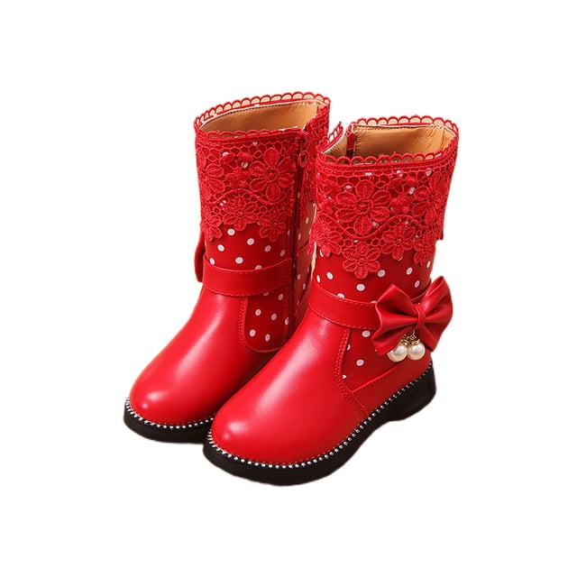 Daeful Bottes d'Hiver pour Enfants Chaussures à Nœud Extérieur Doublées Chaudes Antidérapantes Mi-Mollet Rouge 9C