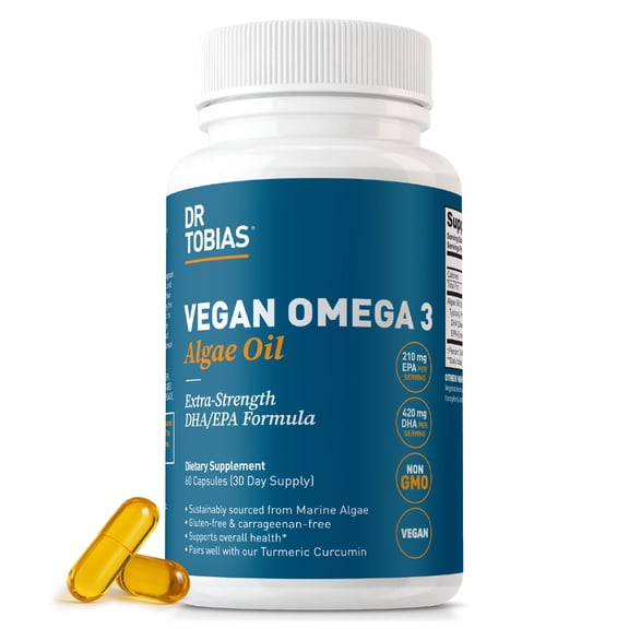 Dr. Tobias Vegan Omega 3 Supplement, 1400mg Algae Oil, 420mg DHA, and 210mg EPA per serving, Non-GMO, Gluten-Free, Carrageenan-Free, 60 Capsules, 30 Servings