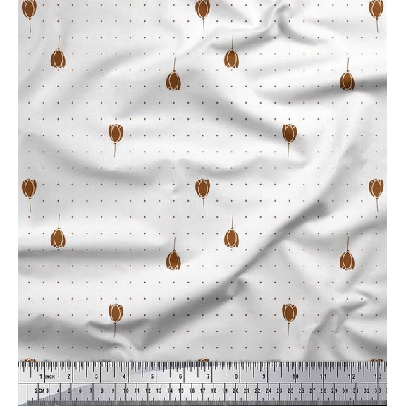 Soimoi Brown Cotton Duck Fabric Dot & Buds Floral Print Fabric by the Yard 42 Inch Wide
