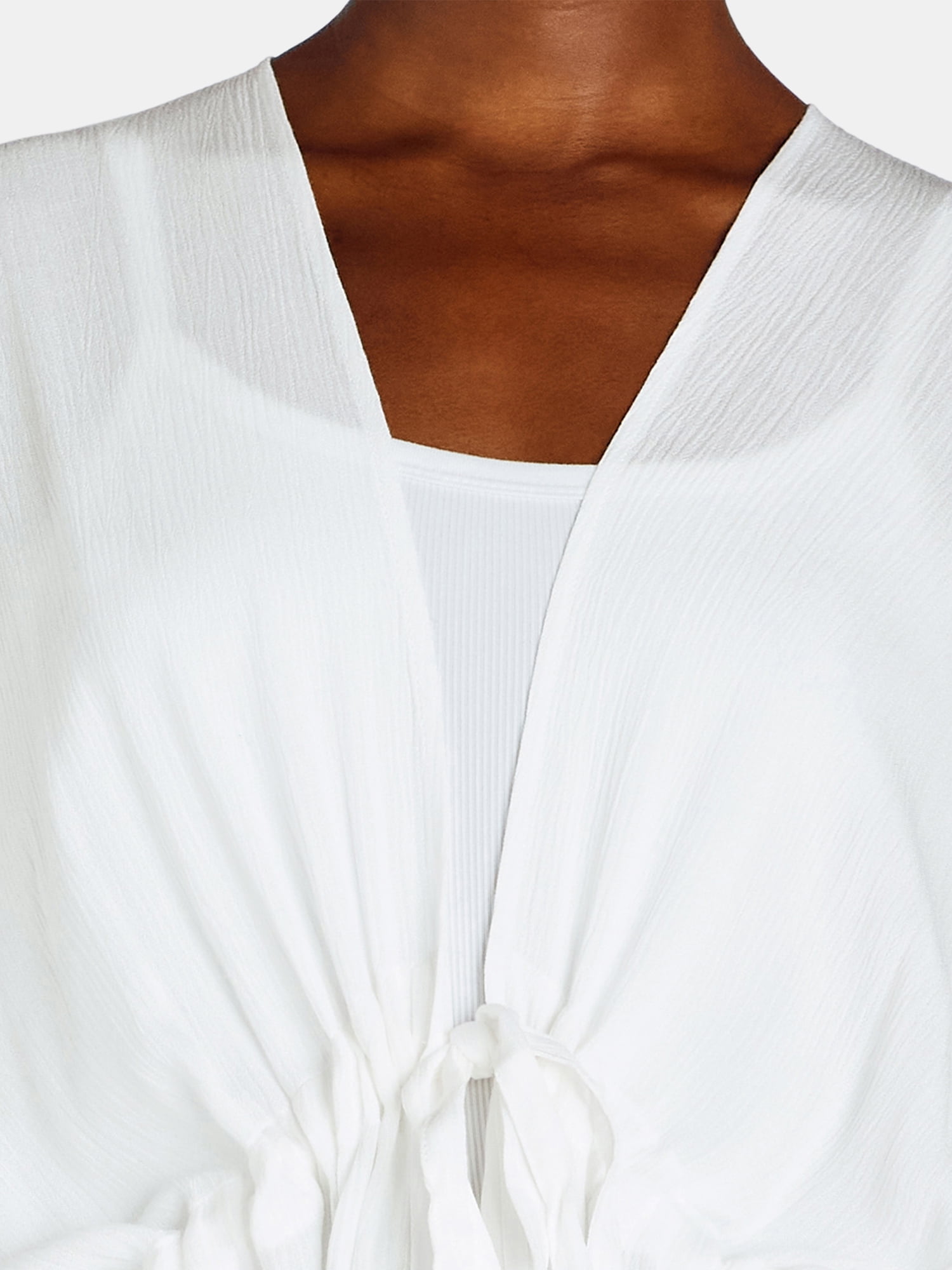 Time and Tru Women's Rayon Ruched Tie Front Solid, L/XL, Arctic White