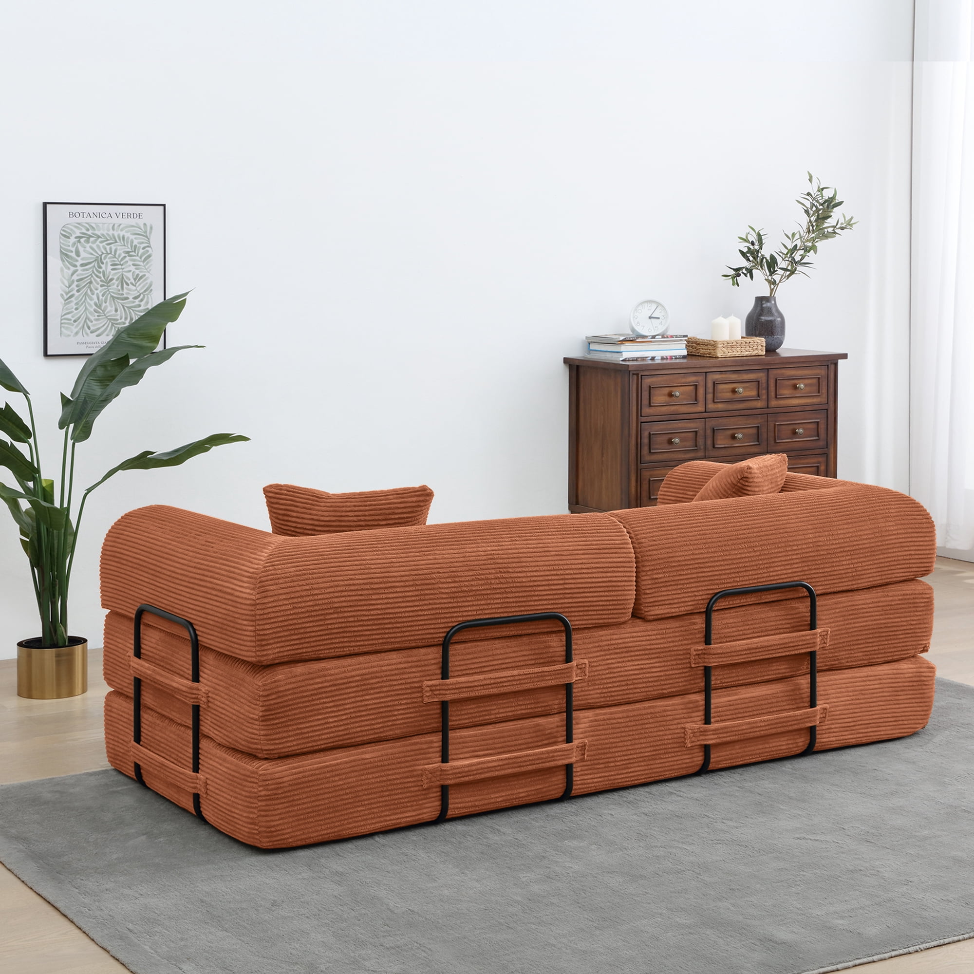 Miniyam Convertible Sleeper Sofa Bed with Cylindrical Pillow - Corduroy Folding Mattress Couch with Fixed-Shape Frame for Living Room, Bedroom, Lounge, Studio - Orange
