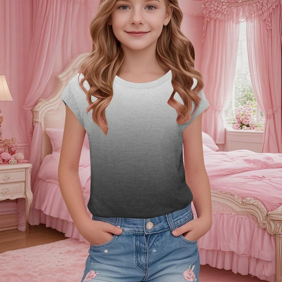 BRGZLK Girls Short Sleeve T-Shirts Spring Summer Fashion Gradient Printed Tee Children's Round Neck School Blouse Tops Black 11-12 Years