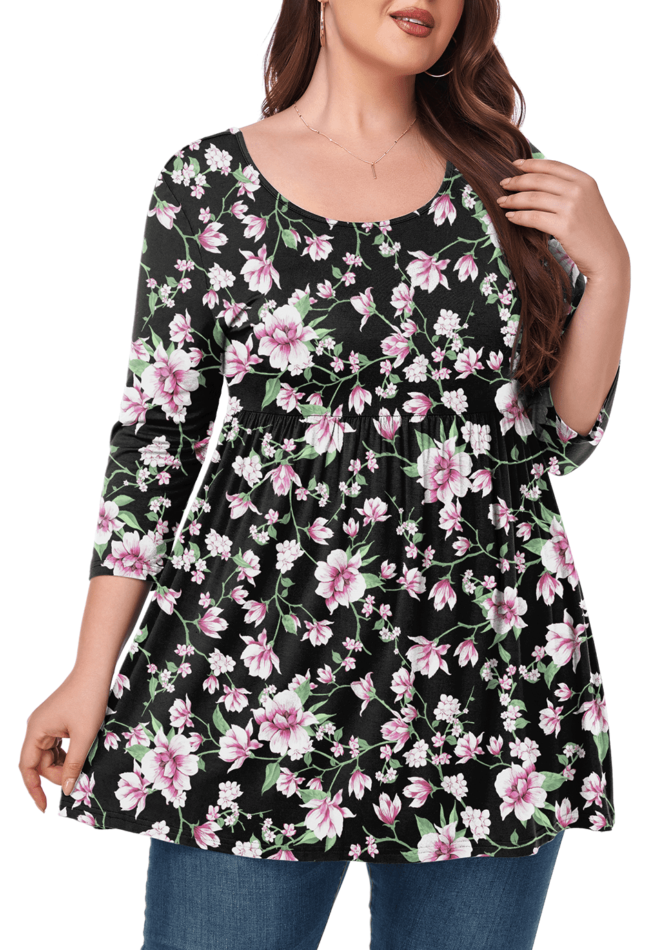 Women's Plus Size Round Neck Tunic Blouse 3/4 Sleeve Floral Loose TShirt 0X5X