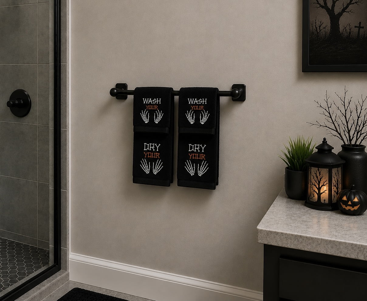 Serafina Home Halloween Hand & Fingertip Bathroom Bundle 4 Pc Set - Black Cotton Embroidered Skeleton Wash/Dry Your Hands - 16 x 25, 12 x 18 Fall Bath Home Decor