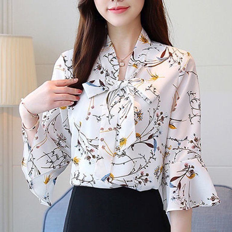 Floral Printed Bow Chiffon Shirt Spring Summer Three Quarter