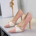thumbnail image 2 of Women Pointed Toe Stiletto High Heels 10CM Satin Wedding Pumps Pearl Chain Bow Suede Shoes for Bride Prom Party, 2 of 5