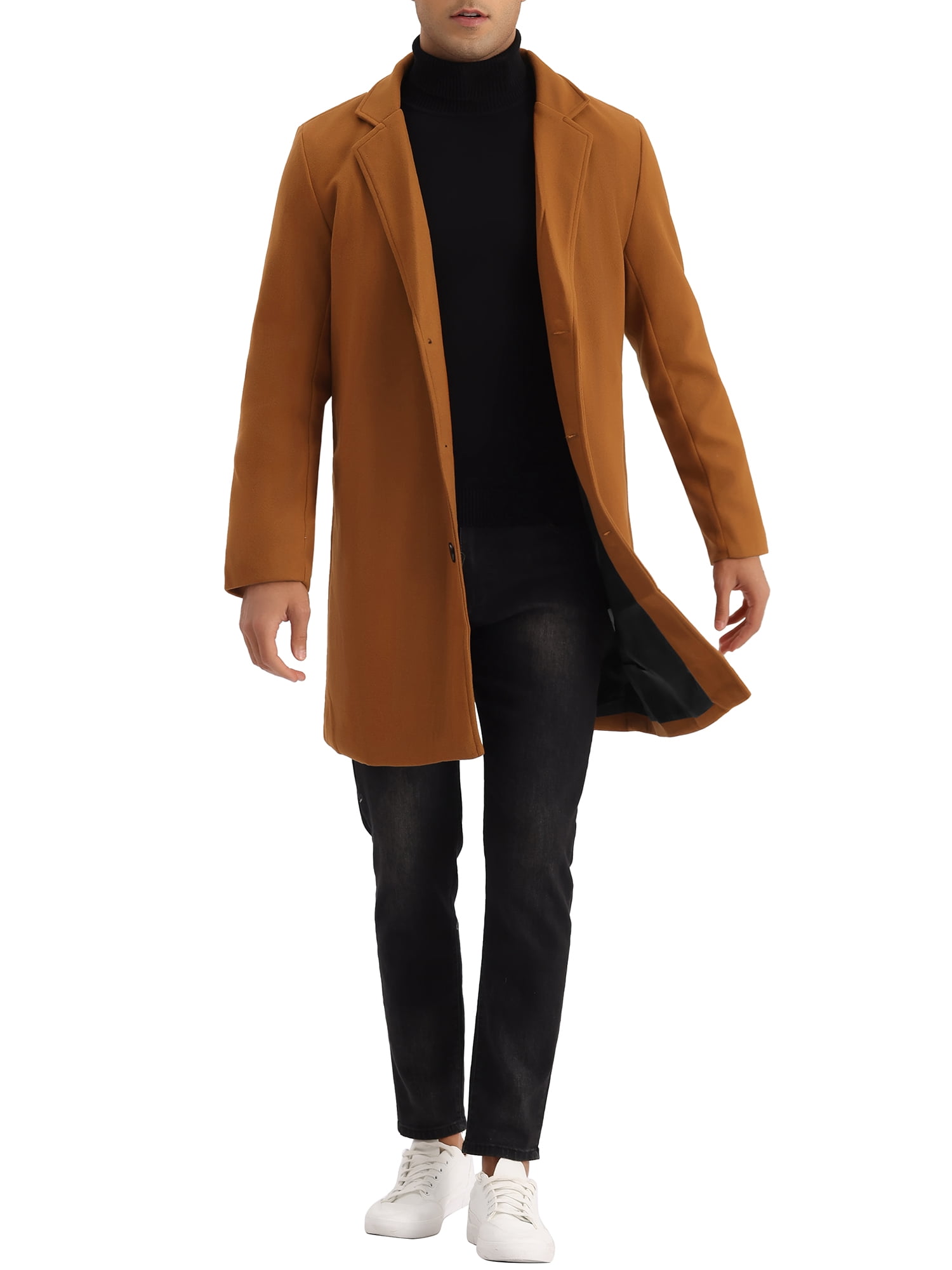 Unique Bargains Men's Slim Fit Notched Lapel Single Breasted Mid Length Overcoat S Brown