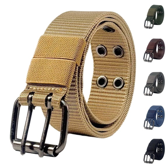 Nmnitkp Belt Men's Women's Double Prong Buckle Canvas Belt, Adjustable Multi-hole Breathable Nylon Woven Waist Belt for Jeans, Pants, Daily Wear & Outdoor Activities Khaki,Free Size