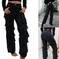 thumbnail image 2 of 1. Women's Rhinestone-Embellished Wide Leg Jeans with Stretch Waist & Multi Pockets Cargo Trousers, 2 of 8